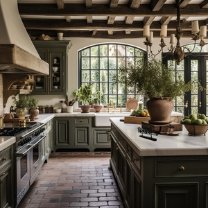 A beautiful green french kitchen with marble counters and brick floors. The island had many decor pieces including the Thats What She Said Little Word Stand in black