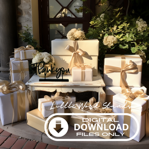 Chippy white table with gifts all wrapped in shades and textures of cream and white wrapping paper. The Thank You Little Word Stand sits on the table. A graphic over top reads - digital download files only-